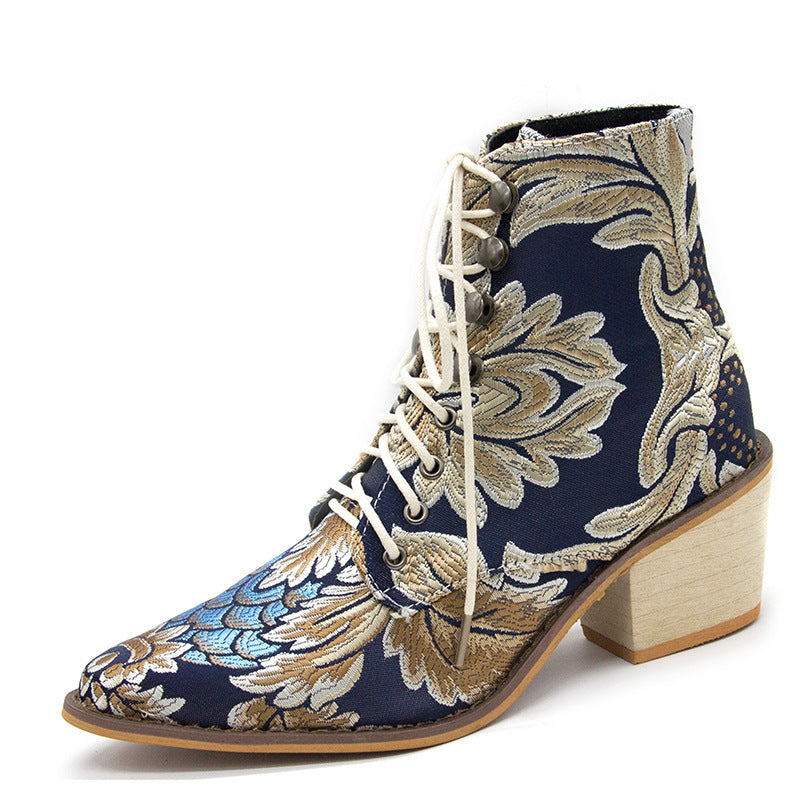 Satin Embroidered High Heel Thick Pointed Ankle Boots