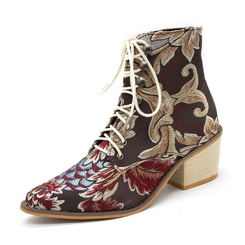 Satin Embroidered High Heel Thick Pointed Ankle Boots