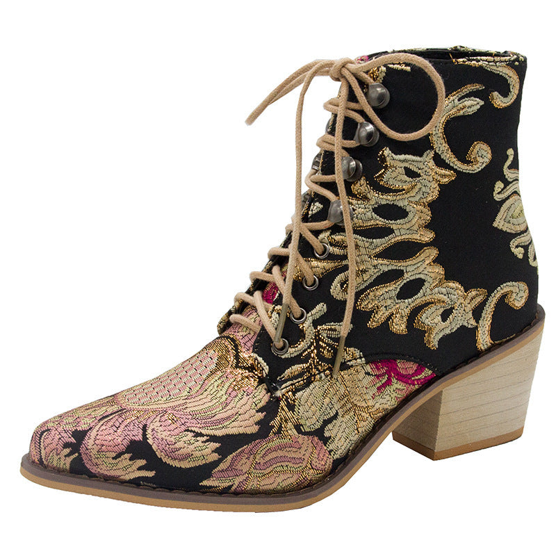 Satin Embroidered High Heel Thick Pointed Ankle Boots